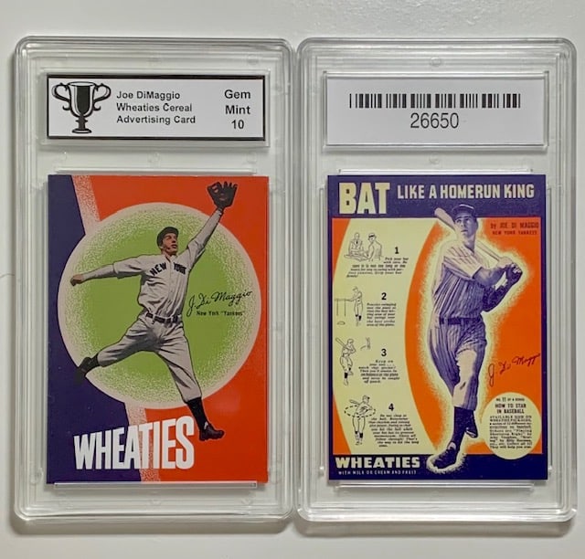 Joe DiMaggio Wheaties Cereal Advertising Baseball Card: Gem Mint 10. PLEASE READ CAREFULLY. ALL Advertising Cards are Reproduction Promotional Cards and NOT Original Period Cards. We do NOT know when these were Issued or who issued them. We can only descri