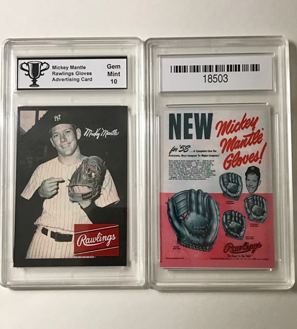 MICKEY MANTLE Advertising Baseball Card: Gem Mint 10. PLEASE READ CAREFULLY. ALL Advertising Cards are Reproduction Promotional Cards and NOT Original Period Cards. We do NOT know when these were Issued or who issued them. We can only descri