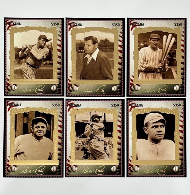 6 Rare BABE RUTH Gold Stamp Autographed Baseball Cards: GROUP A – Lot of 6 Rare BABE RUTH Gold Stamp Guyana Facsimile Autographed Baseball Cards