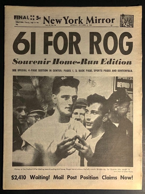 ROGER MARIS Breaks Babe Ruth Record 61 Home Runs Newspaper: October 2 nd 1961 New York Mirror – Historic Newspaper in Baseball – There are No Markings of it being a Reprint but it is being Sold as a Re-Print - Multiple Photos Posted