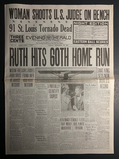 BABE RUTH Hits 60 th Home Run September 30 th 1927 Newspaper: Historic Newspaper in Baseball – There are No Markings of it being a Reprint but it is being Sold as a Re-Print - Multiple Photos Posted