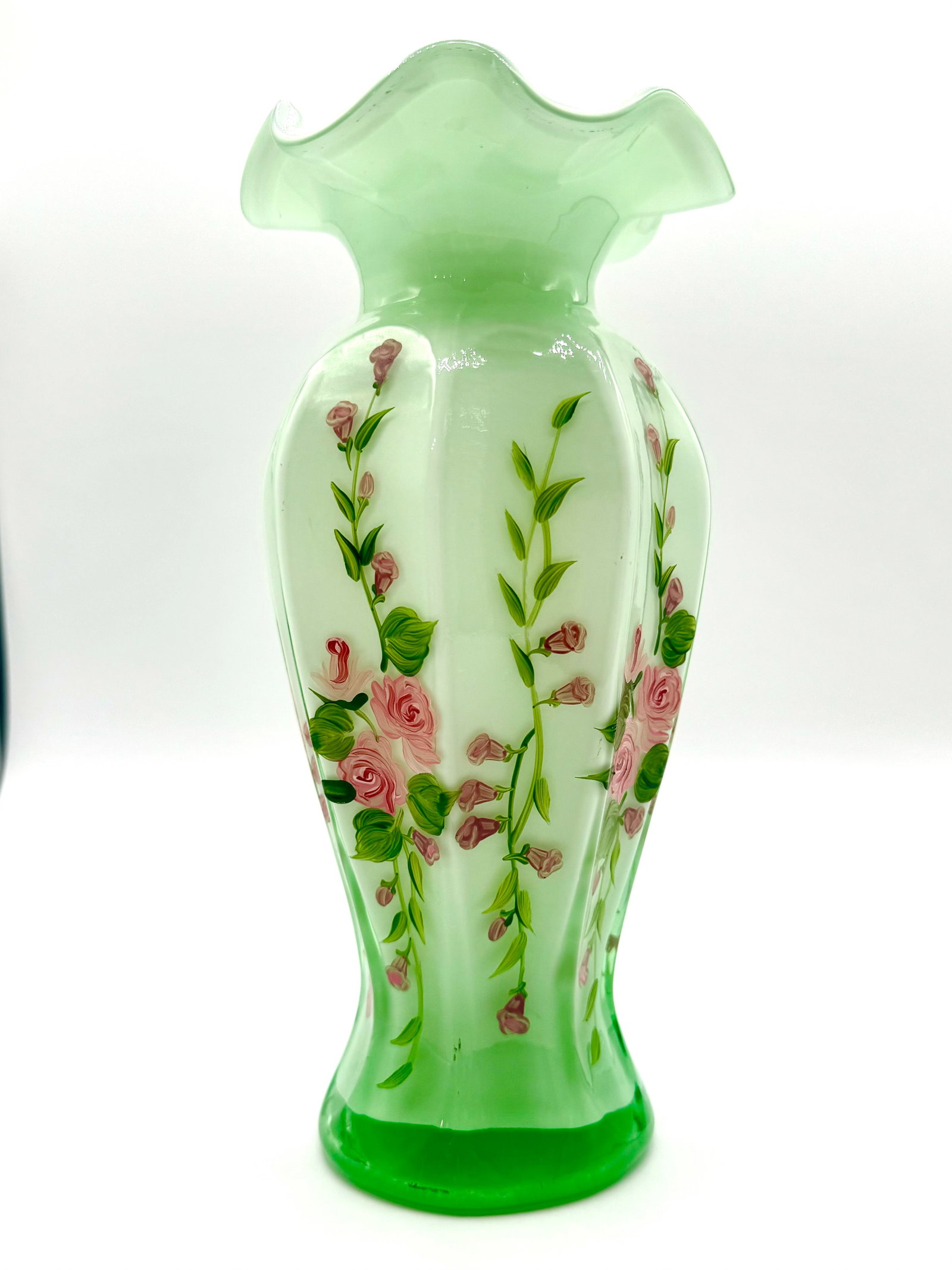 Stunning Hand Painted Opalescent FENTON style Art Glass Vase: This is Gorgeous Hand Painted Opalescent Art Glass Vase in the style of Fenton. It stands approximately 11-12 Inches tall and is in perfect condition. Multiple Photos Posted