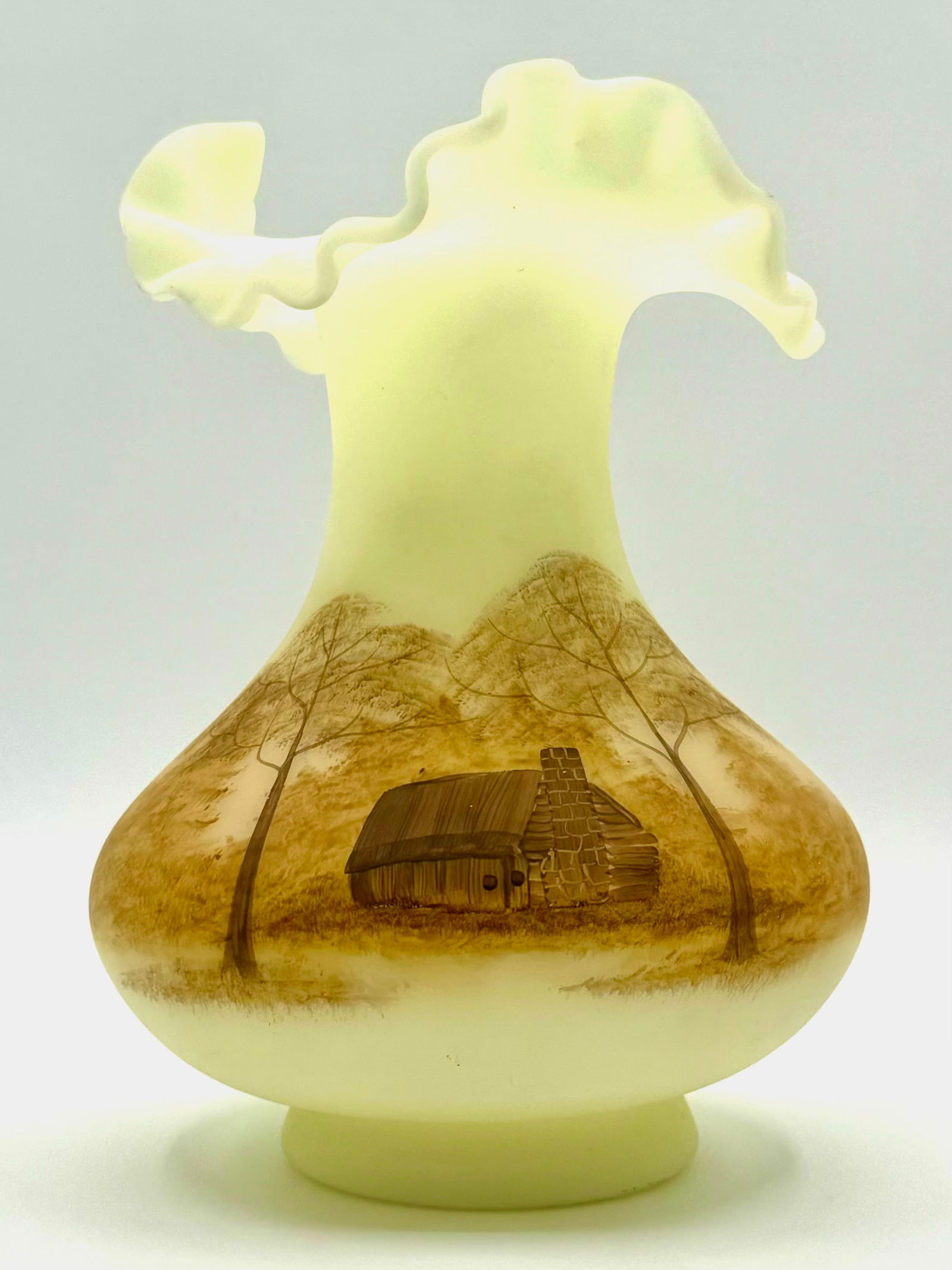 FENTON Artist Signed Hand Painted Satin Custard Glass Vase (1 of 3)