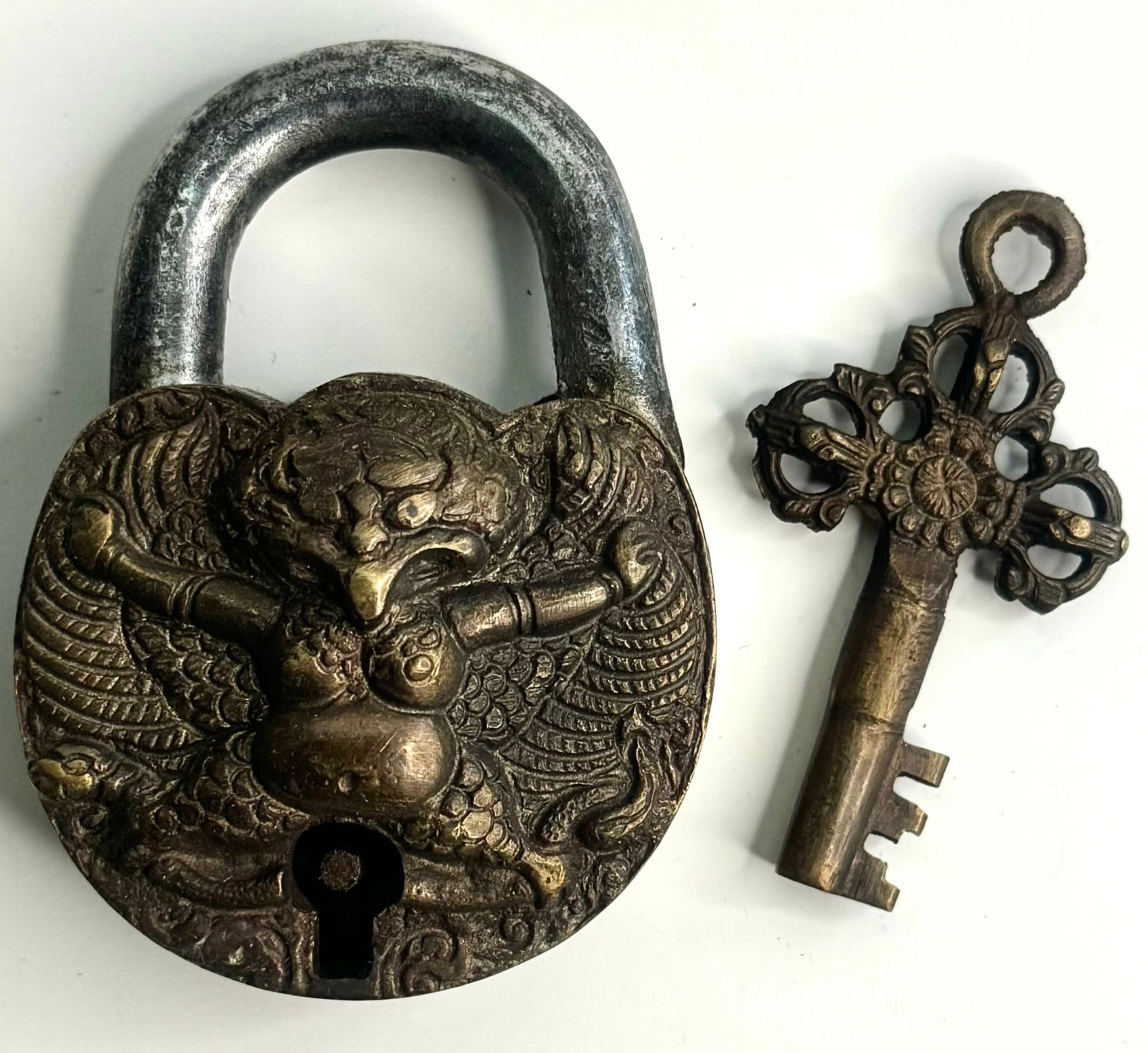 Old Bronze Tibetan Buddhist Temple Padlock with Original Key (1 of 2)