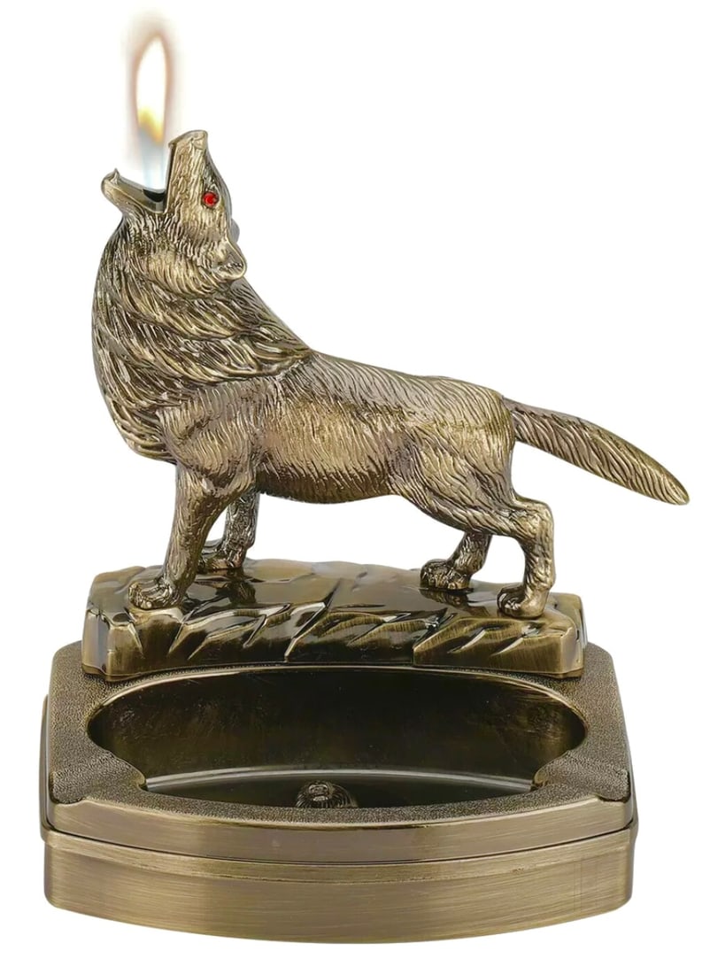 Working Tabletop 2 in 1 HOWLING WOLF Lighter and Ashtray: Working but Never Used – Very Cool Piece – Multiple Photos Posted