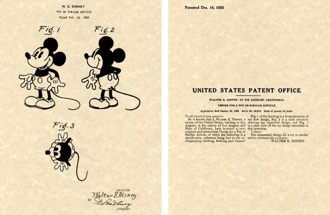 Walt Disney 2pc 1930 United States Patent Print on Parchment Paper (1 of 3)