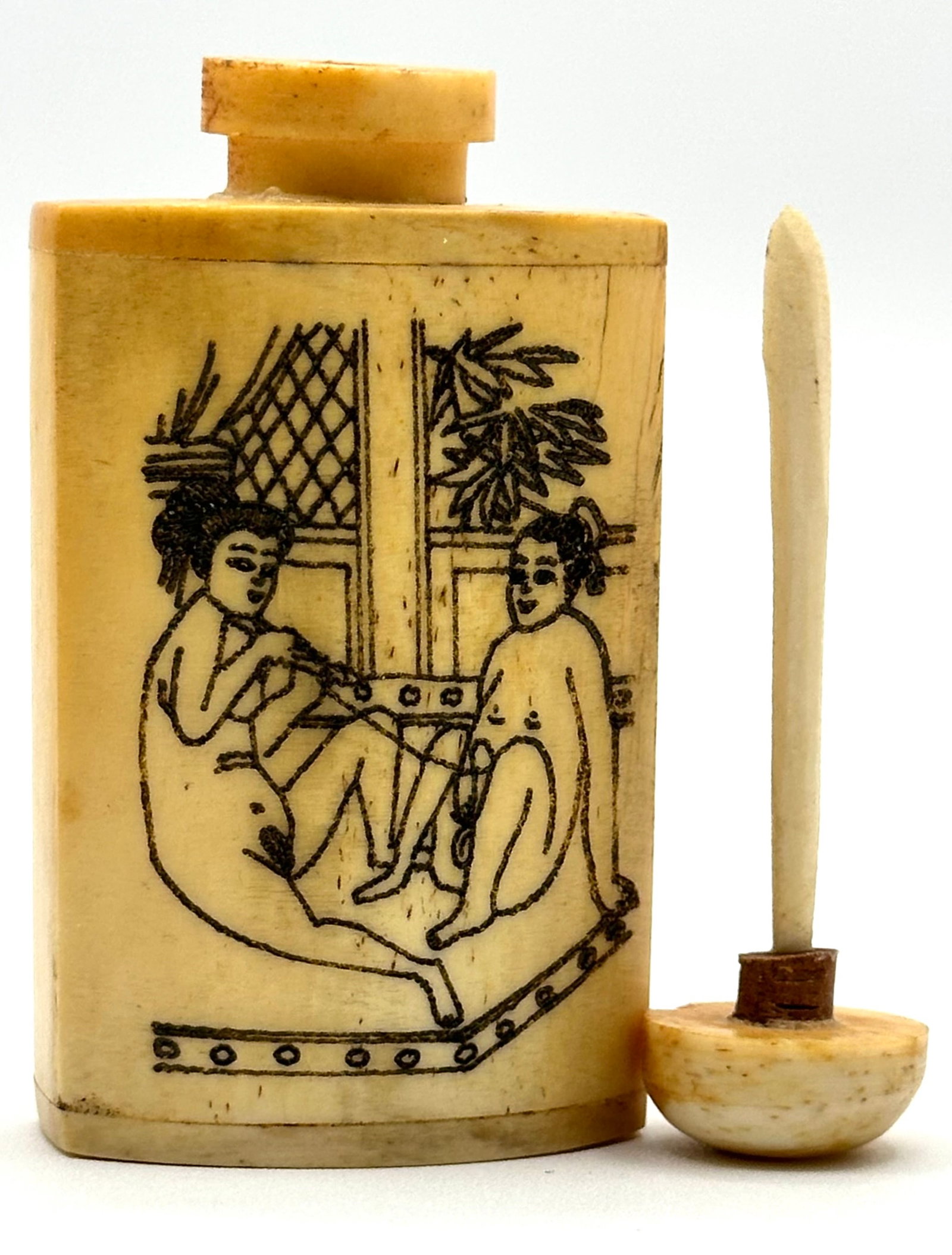Vintage Chinese Scrimshaw style Erotic Bone Snuff Bottle: Both Sides have Different Erotic Images. Made from Ox Bone. Hand Painted Scrimshaw Style. Great Piece, See all Photos