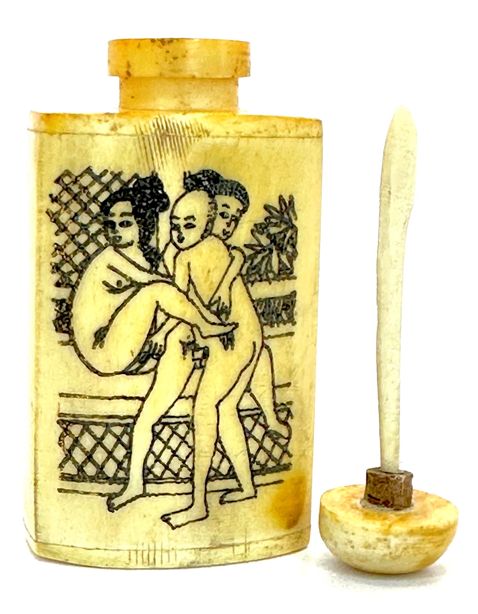 Vintage Chinese Scrimshaw style Erotic Bone Snuff Bottle: Both Sides have Different Erotic Images. Made from Ox Bone. Hand Painted Scrimshaw Style. Great Piece, See all Photos