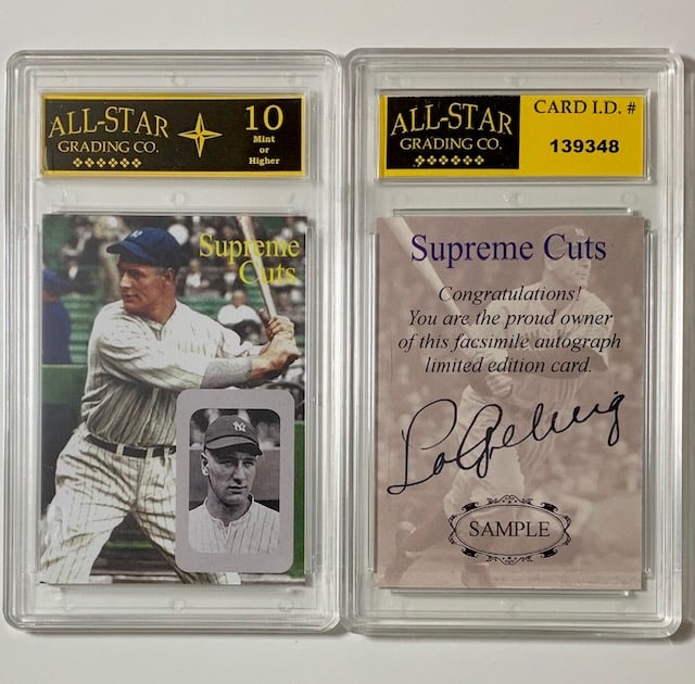 LOU GEHRIG Cut Signature Sample Baseball Card: GEM MINT 10 / The Signature on this Card is Not Hand Signed. It is a Facsimile Signature / Great Looking Card