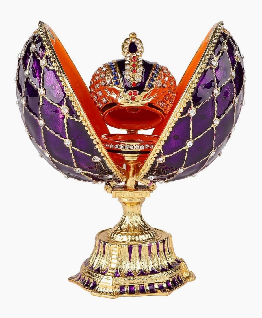 FABERGE Enameled & Jeweled Egg with Coronation Crown: Stunning Faberge Inspired Jeweled and Enameled Egg with a Magnetic Coronation Crown Inside / Gorgeous Colors / Multiple Photos Posted