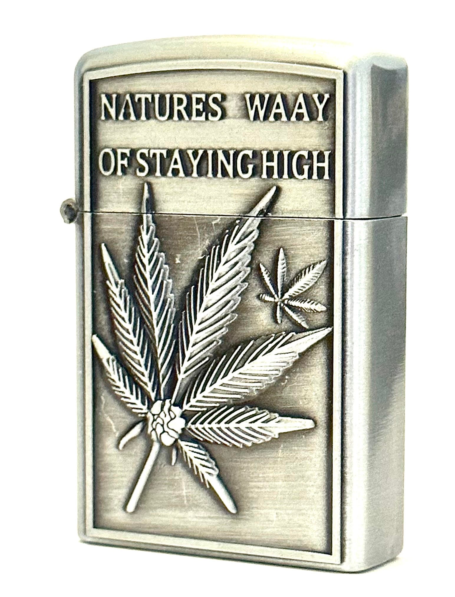 Unique Cannabis Inspired Nickel Plated Kerosene Gas Lighter: Like New – This has never been used