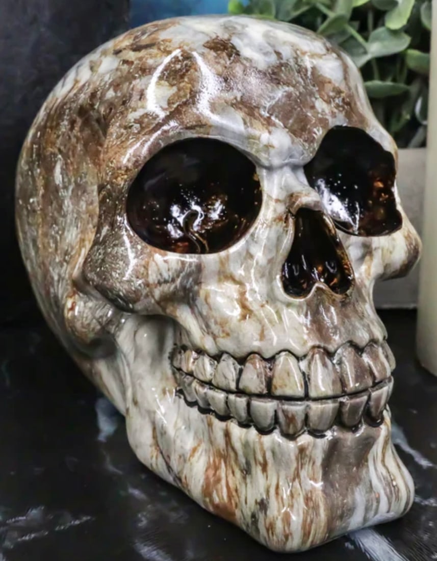 Day of The Dead Agate Gemstone Volcanic Rock Ossuary Skull: Made of Cold Cast Crushed Polyresin and Hand Painted. Awesome Piece. Very Ornate. Approximately 6 x 5. Multiple Photos Posted