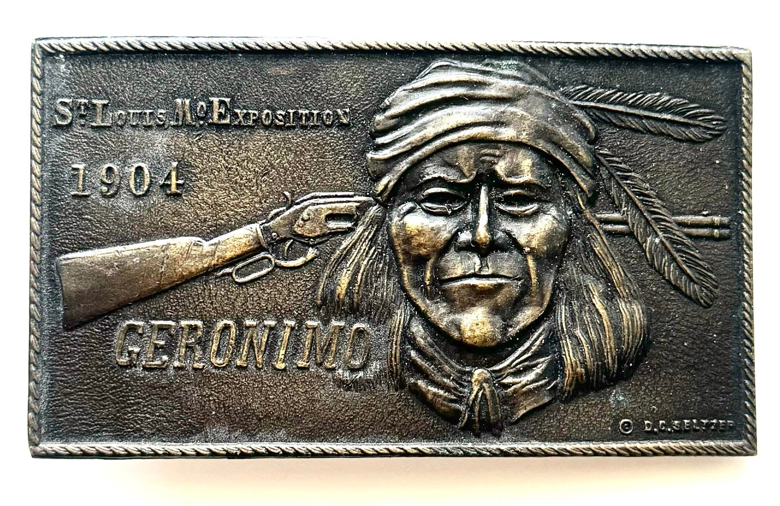 1904 St Louis Exposition Tiffany Studios of New York Geronimo Belt Buckle: This also Reads on the backside Montauk Silver Company. This Belt Buckle has Natural Patina. We are Not Certain this is an Original therefore it is being Sold to the Highest Bidder AS-IS with No Retur