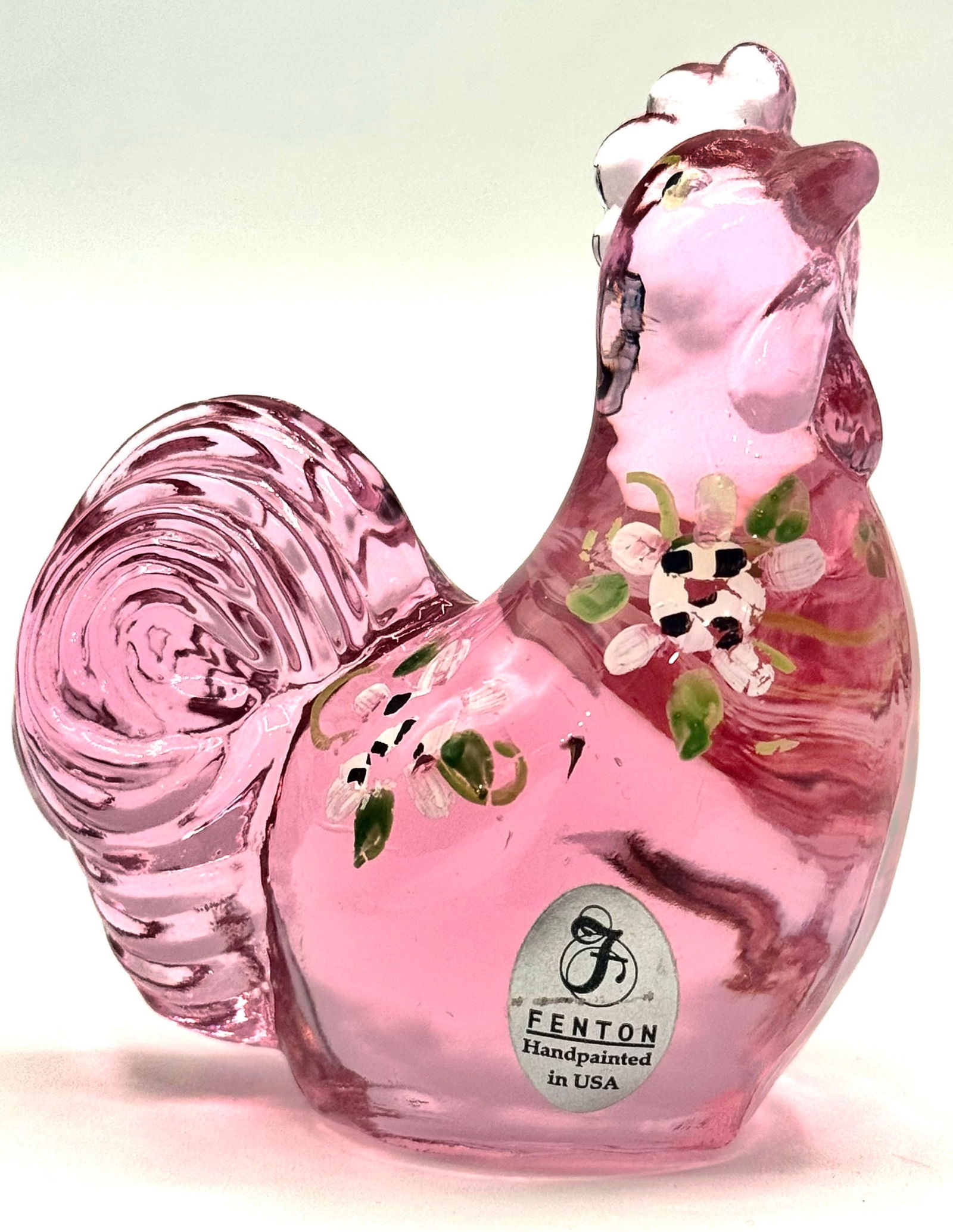 FENTON Artist Signed Hand Painted Pink Art Glass Rooster (1 of 3)