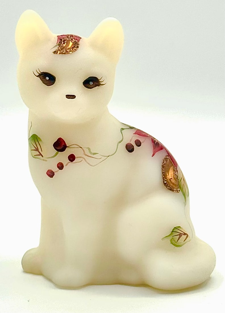 FENTON Artist Signed Hand Painted Satin Art Glass Cat (1 of 3)