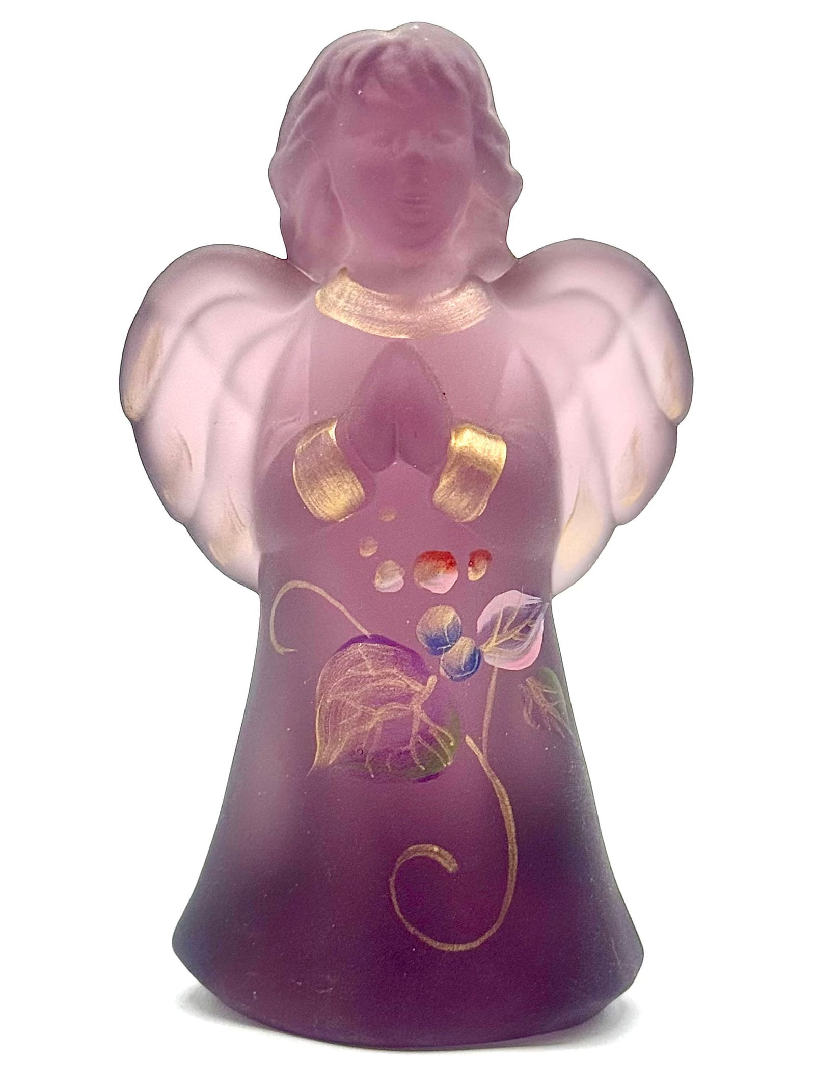 FENTON Artist Signed Hand Painted Purple Satin Art Glass Angel: Gorgeous Piece. Like New Condition with Original Sticker. Multiple Photos Posted