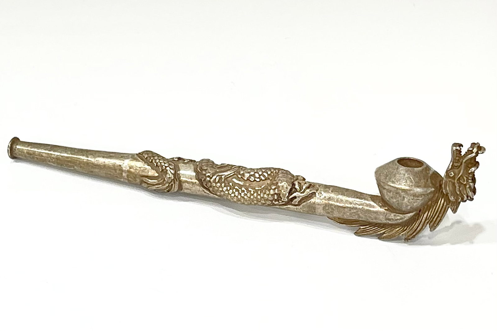 Chinese Folk Art Dragon Wrapped Smoking Tobacco Pipe: 6 Inches Long / Extremely Ornate / Handmade / Must See all Photos to Appreciate / Tibetan Silver is Not Sterling / This is a Highly Collectible Item Sold AS-IS with No Value Placed on it with regards 