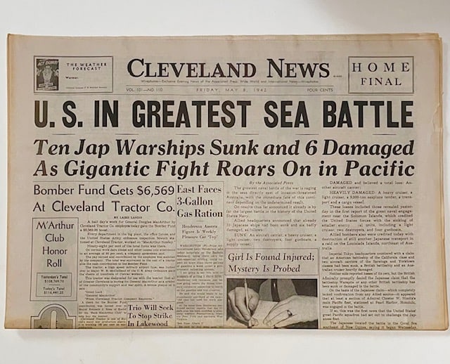 WW2 May 8th 1942 Cleveland Newspaper Full Edition: United States in Greatest Sea Battle - This is a very cool full edition Re-Issue Newspaper in Great Condition - Must See all Photos