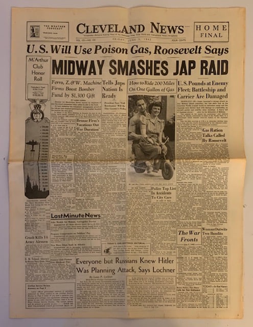 WW2 June 5th 1942 Cleveland Newspaper Full Edition: Midway Smashes Japanese Raid - This is a very cool full edition Re-Issue Newspaper in Great Condition - Must See all Photos