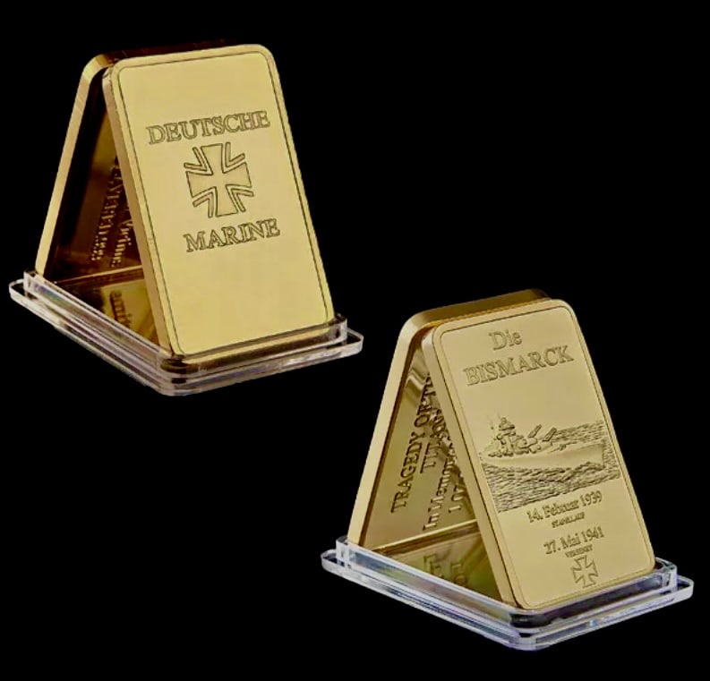 German Deutsche Marine Die Bismarck 1oz Gold Clad Bar: Encapsulated – This is a Novelty Gold Plated Bar containing No Precious Metals – This should not be purchased as an investment – It is simply a collectible novelty item