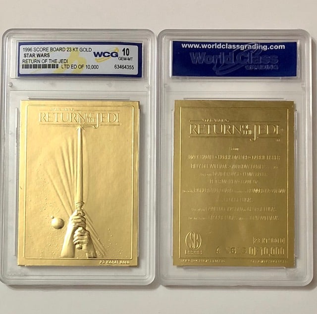 STAR WARS Return of the Jedi Embossed 23k Gold Card: Gem Mint 10 – Merrick Mint 23kt Gold Foiled Trading Card - See all Photos
