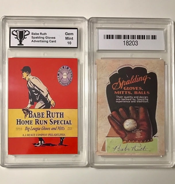 BABE RUTH Baseball Glove Advertising Baseball Card: Gem Mint 10. PLEASE READ CAREFULLY. ALL Advertising Cards are Reproduction Promotional Cards and NOT Original Period Cards. We do NOT know when these were Issued or who issued them. We can only descri