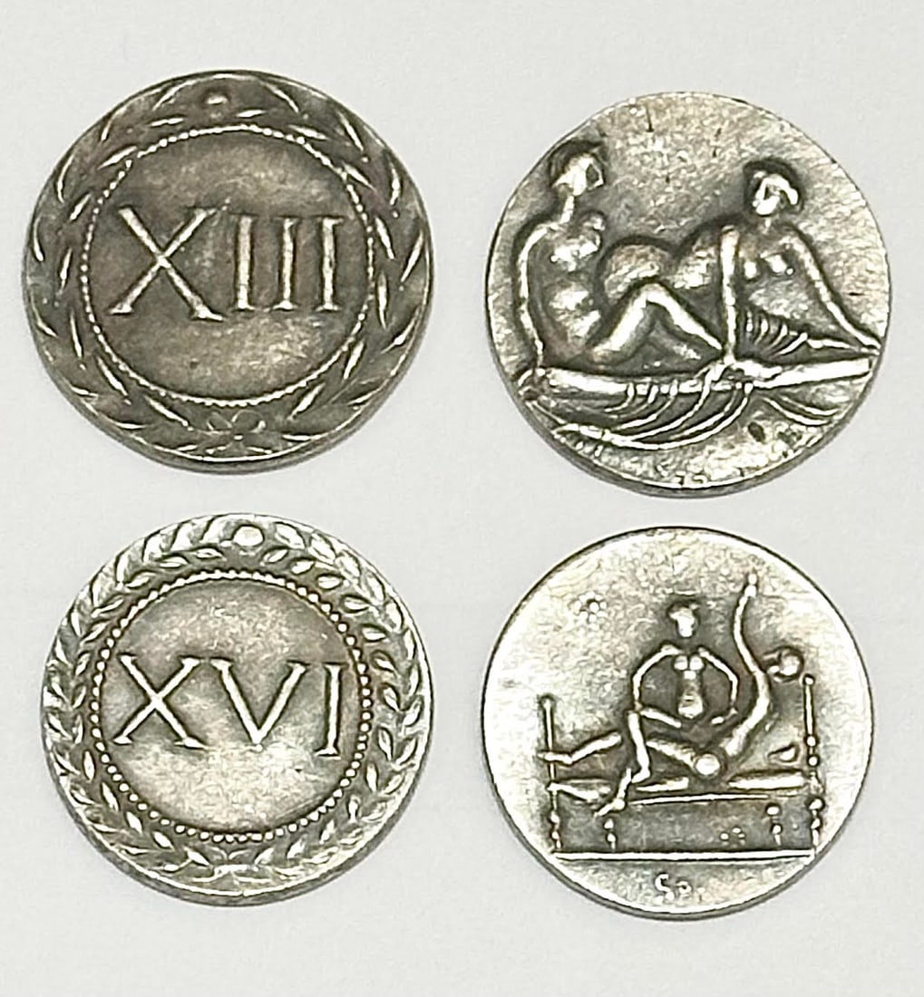 Lot of 2 Erotic Roman 20-40 A.D. SPINTRIA Brothel Token Coins: Great Pieces / Appear Hand Hammered / Strike Date Unknown / Sold as Collectible Novelties AS-IS