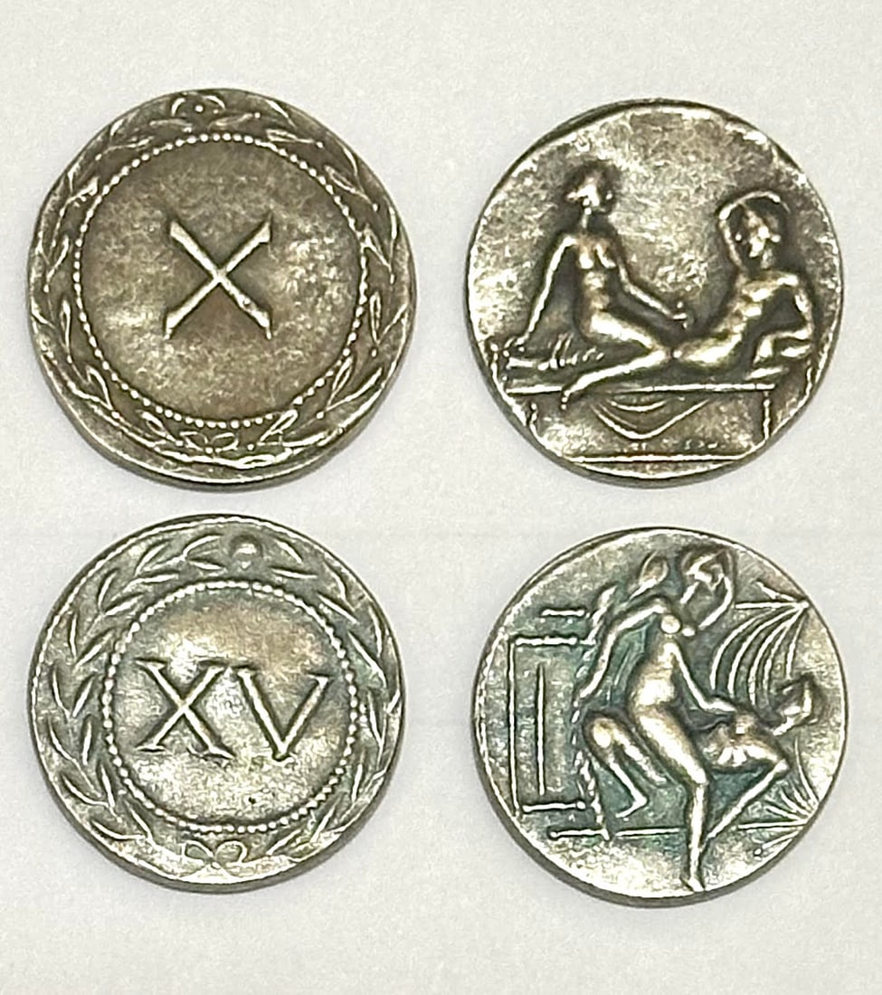 Lot of 2 Erotic Roman 20-40 A.D. SPINTRIA Brothel Token Coins: Great Pieces / Appear Hand Hammered / Strike Date Unknown / Sold as Collectible Novelties AS-IS