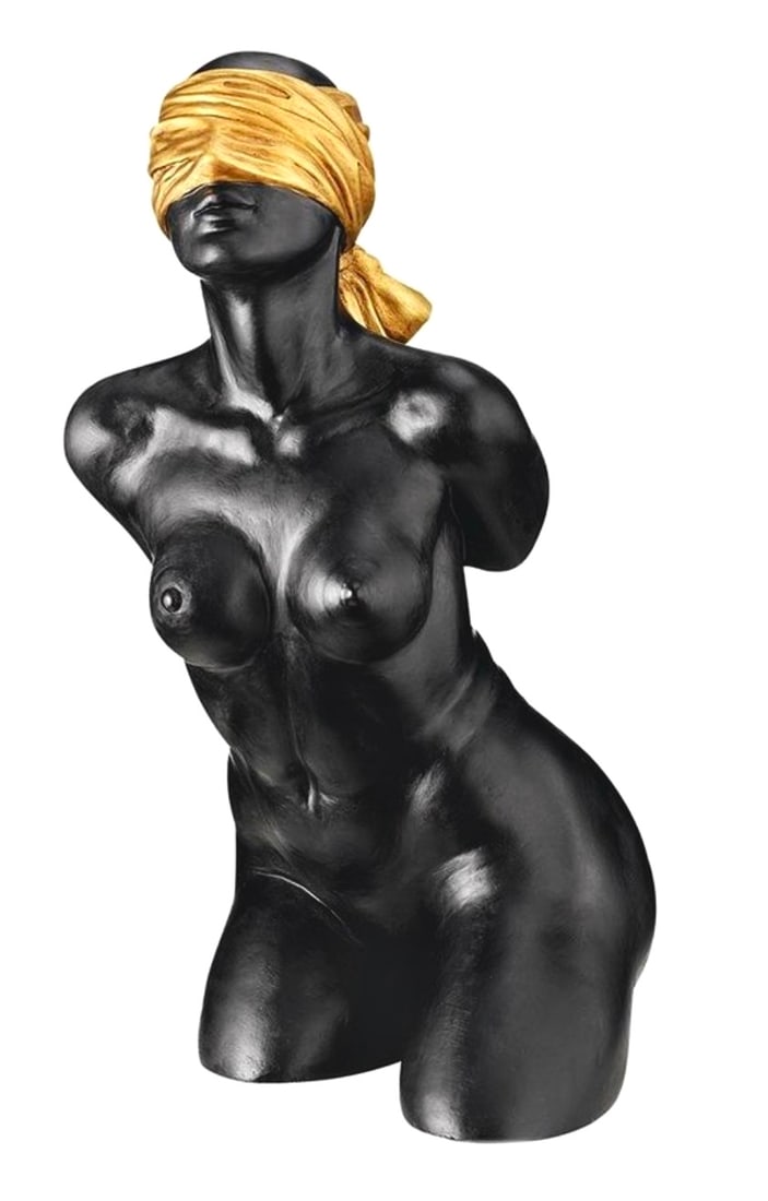 Evelyn Hartley Nude Woman Blind Trust Torso Sculpture: This Original Sculpture was made in the 1960s by Evelyn Myers Hartley. This is an awesome piece with amazing details that was re-cast in quality designer resin and finished in faux ebony and gold gilt