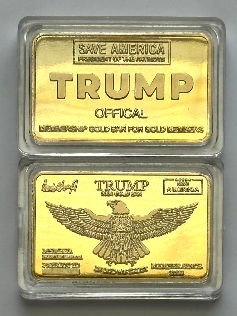 DONALD TRUMP 2024 Save America Premium Member Gold Clad Bar: This is an encapsulated gold clad bar that states as follows. Trump Official Save America President of the Patriots. This is NOT a GOLD BAR. This is simply a gold clad bar that holds NO VALUE in terms