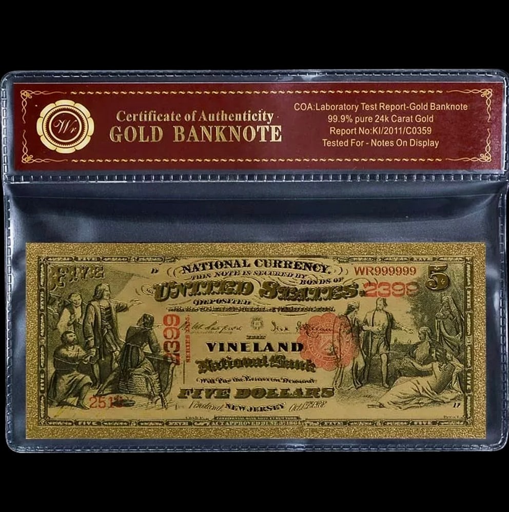 1875 Vineland Lab Tested 24k Gold $5 U.S. Banknote (1 of 2)
