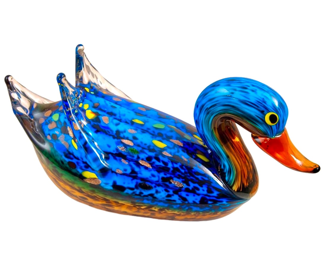 Stunning MURANO style Art Glass Gold Spun Pond Floating Duck: Stunning Piece – Approximately 9 inches Long and weighs nearly 4 pounds - Multiple Photos Posted