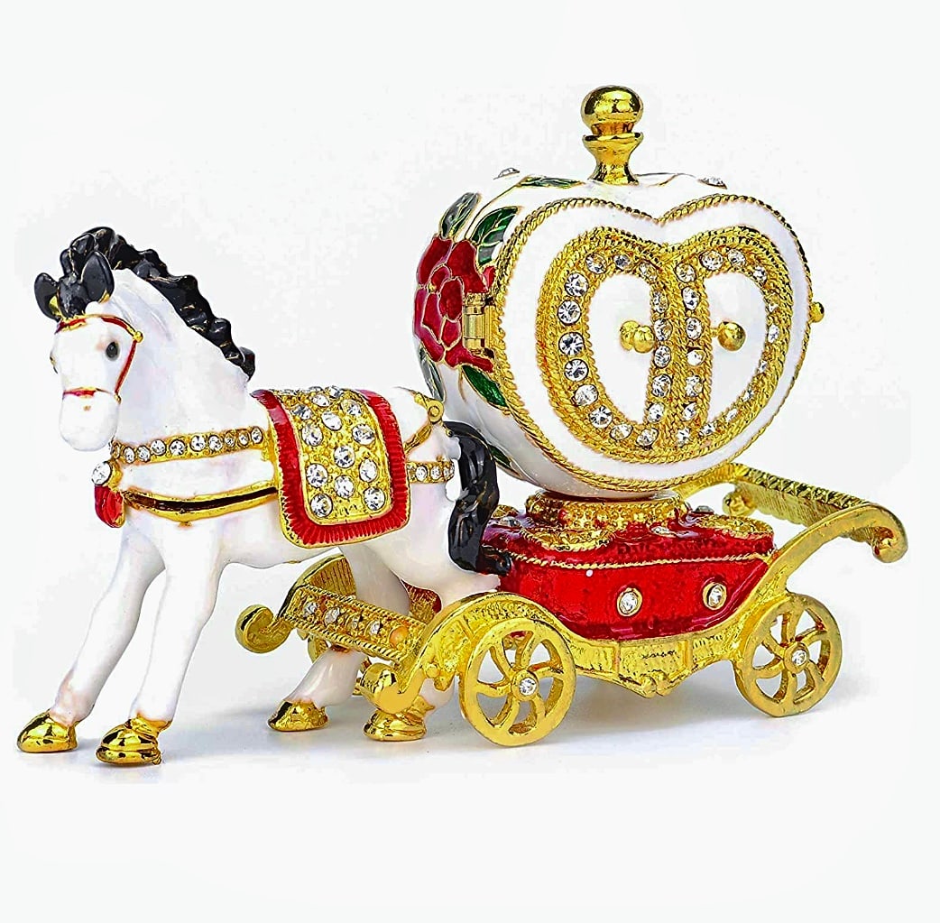 FABERGE Enameled-Jeweled Horse & Carriage Trinket Box: This is an Absolutely Gorgeous Unsigned Faberge Inspired Russian Enameled and Jeweled Horse and Carriage Heart Trinket-Jewelry Box - It is in Never Displayed Condition – Multiple Photos Posted