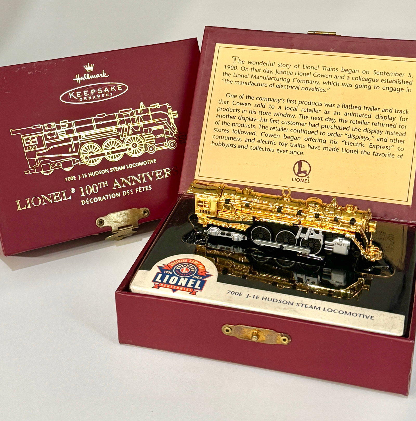 Rare LIONEL Trains 100 th Anniversary 22k Gold Flash 700E J-1E Huson Steam Locomotive: Hard to Find Vintage NIB 100 th Anniversary 22k Gold Flash 700E J-1E Huson Steam Gold Locomotive Ornament in the Original Box. Great Piece . Multiple Photos Posted