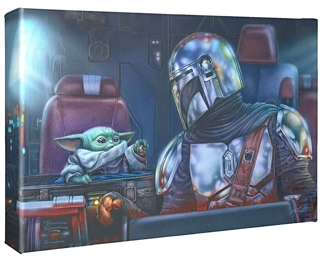 Thomas Kinkade Star Wars GROGU and MANDALORIAN Canvas Art w/COA: 14 x 10 / Star Wars Baby Yoda GROGU and The MANDALORIAN Gallery Wrapped on Wood Frame with COA on Back as Seen in Photos – This has never been hung and is still in its original plastic wrap from the