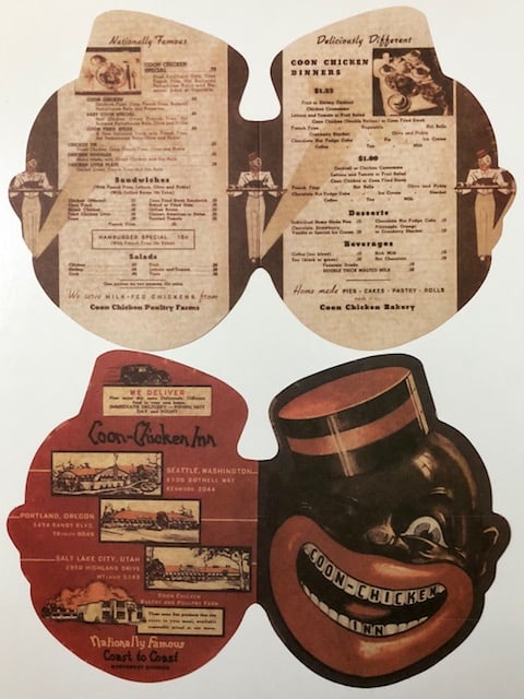 Black Americana Coon-Chicken Inn Restaurant Menu: Die-Cut Folding Menu - Double Sided - See all Photos - Print Date Unknown – Sold AS-IS