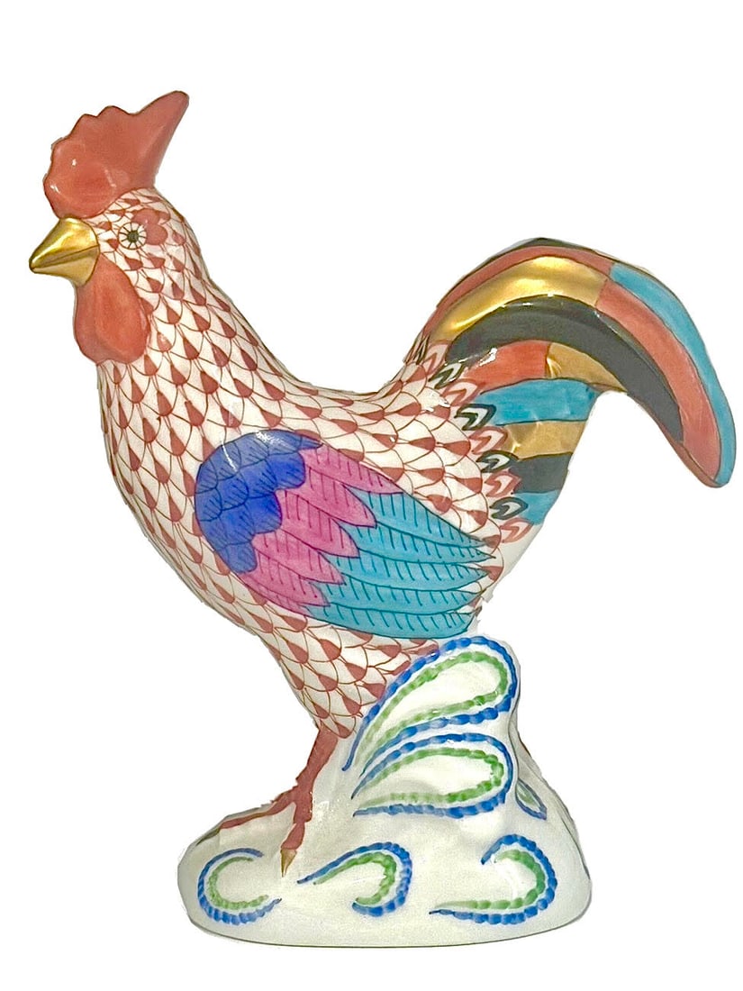 Beautiful Large HEREND Hungary Rust Fishnet Porcelain Rooster Figurine (1 of 5)