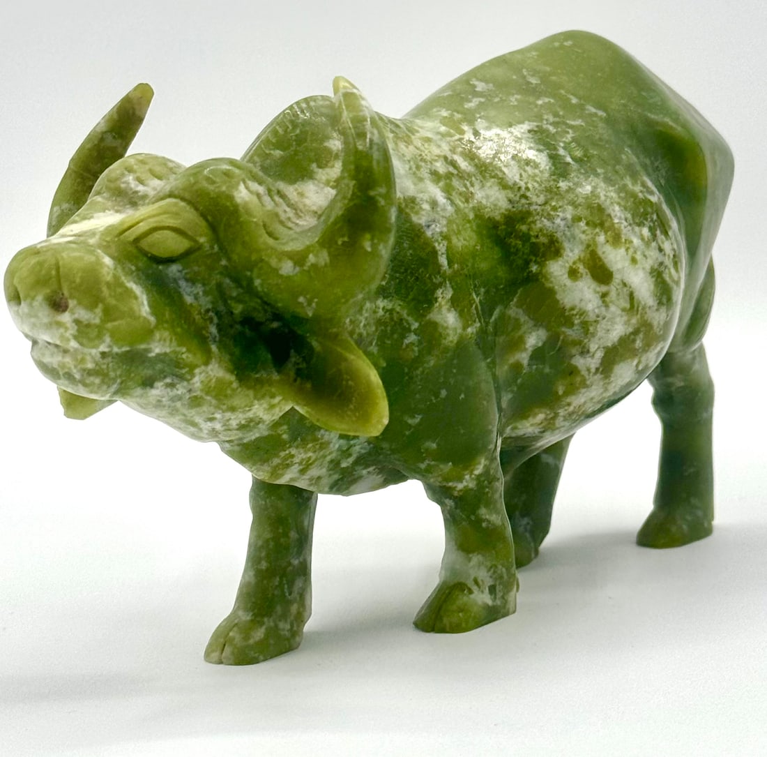 Old Chinese Ornately Hand Carved Gem Tested Green Jade Buffalo Sculpture (1 of 4)