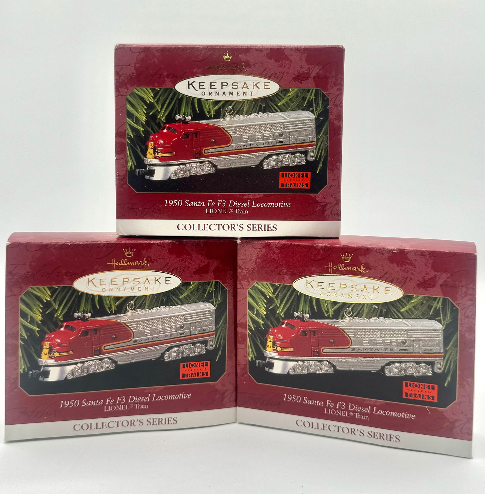 Lot of 3 New Old Stock LIONEL Trains Keepsake Christmas Ornaments: LIONEL Trains Collector Series 1950 Sante Fe F3 Diesel Locomotive – Never out of Original Boxes