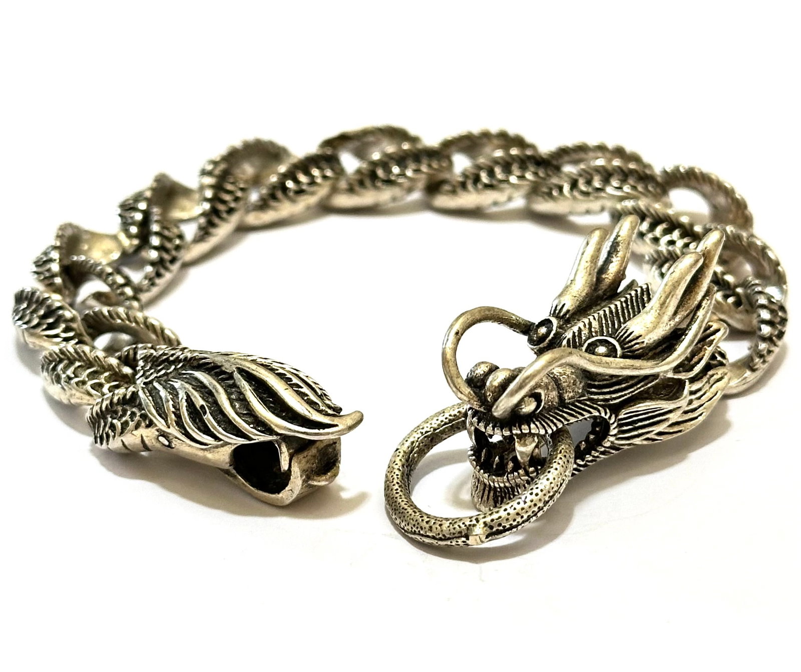 Artist hallmarked Tibetan Silver Old Handmade Mens DRAGON Bracelet (1 of 5)