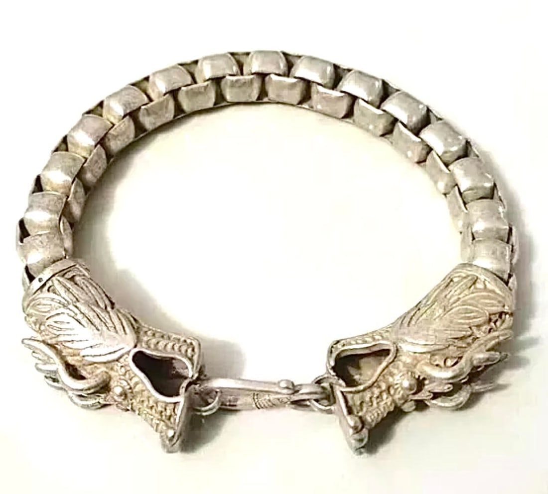 Awesome Tibetan Silver Old Handmade DRAGON Mens Bracelet (1 of 2)