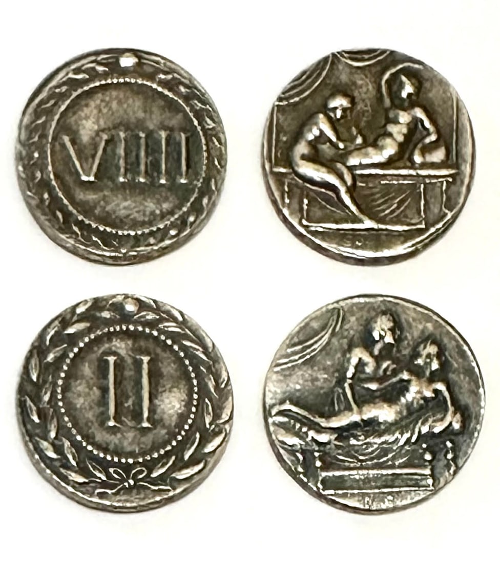 Lot of 2 Erotic Roman 20-40 A.D. SPINTRIA Brothel Token Coins: Great Pieces / Appear Hand Hammered / Strike Date Unknown / Sold as Collectible Novelties AS-IS