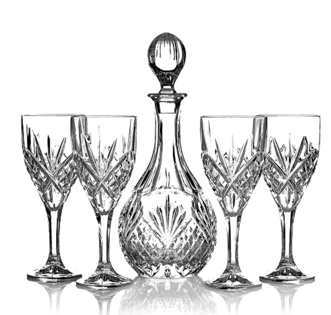 New in Box 5 Piece GODINGER Irish Cut Crystal Wine Decanter Set: This Set comes with 4 Matching Wine Goblets and has never been out of their Original Box – This is a Stock Photograph from GODINGER