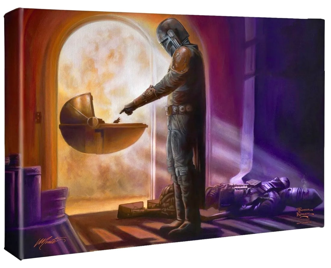 Thomas Kinkade STAR WARS The MANDALORIAN Canvas Art w/COA: 14 x 10 / Star Wars The MANDALORIAN Gallery Wrapped on Wood Frame with COA on Back as Seen in Photos – This has never been hung and is still in its original plastic wrap from the Studios of Thomas K