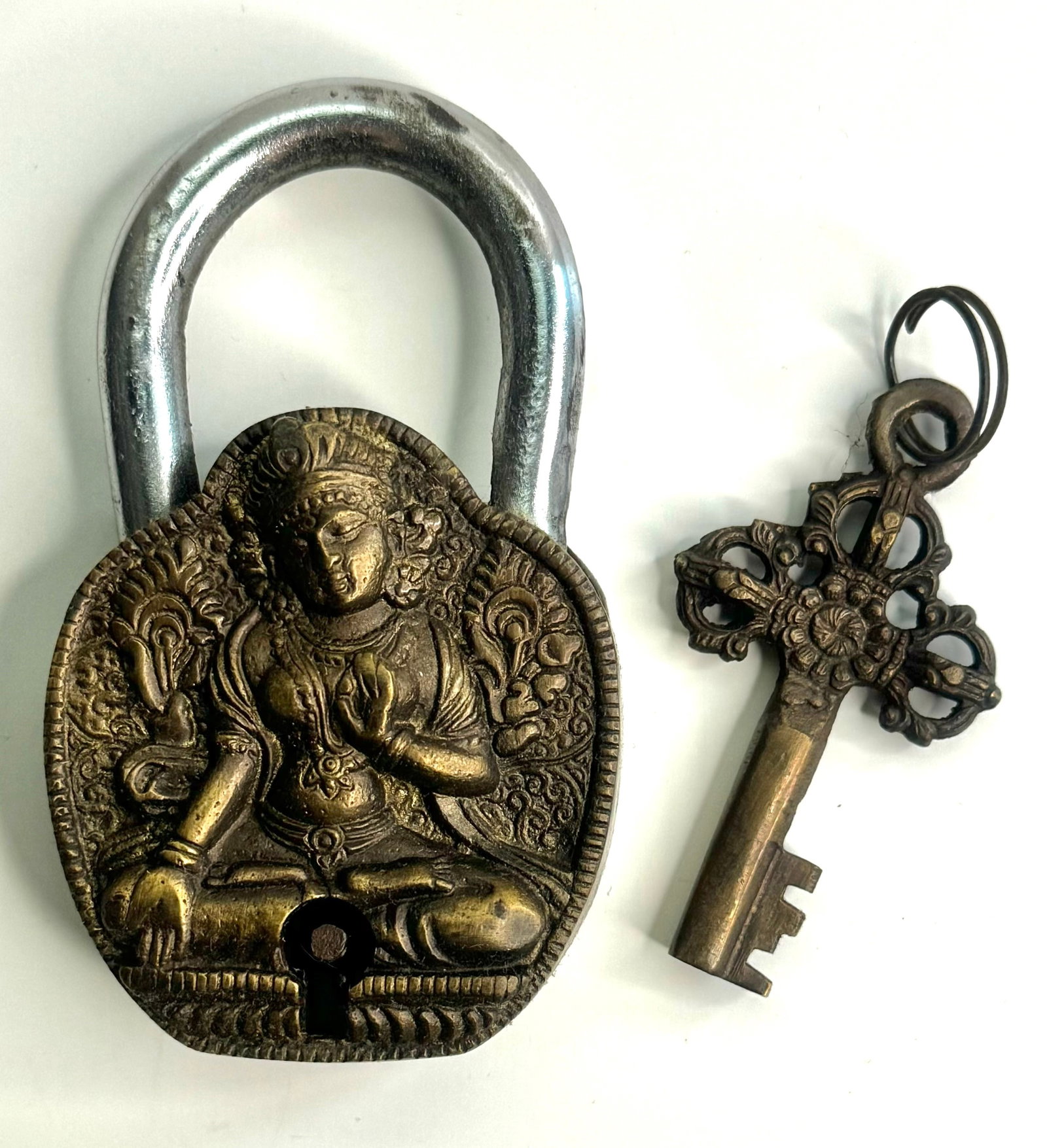 Old Bronze Tibetan Buddhist Temple Padlock with Original Key (1 of 2)