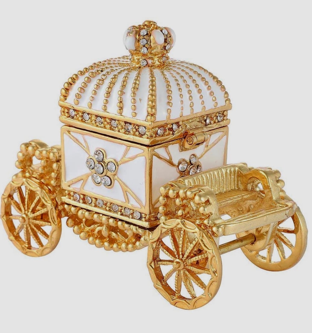 Stunning FABERGE inspired Enameled Cinderella Carriage Trinket Box: Beautiful Studded and Enameled Faberge Inspired Cinderella Carriage Trinket-Jewelry Box – It is in Never Displayed Condition – Multiple Photos Posted
