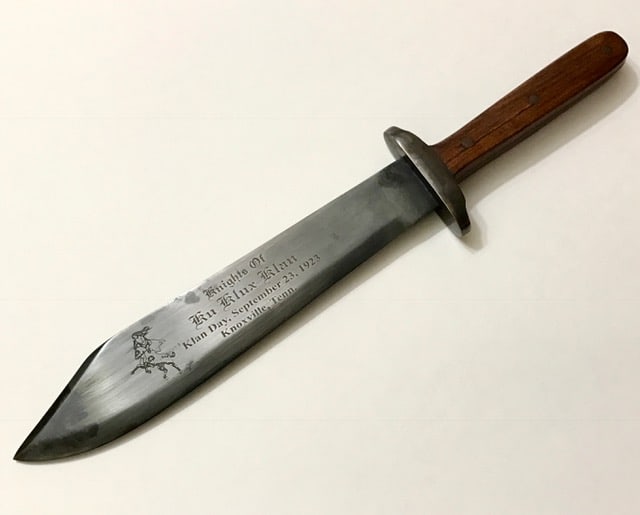 1923 Signed Hate Organization 14 inch Dagger – SEE PHOTOS: Dated September 23 rd 1923 / Approximately 14 inches Long and Heavy / Awesome Dagger with Great Patina / Multiple Photos Posted / We Do Not Condone or Share any Values of this Organization / Being Sol