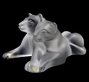 Beautiful LALIQUE France Frosted Crystal Lion Cubs Statue