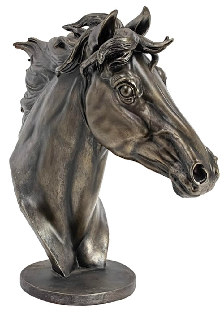 Awesome Bronze Tone Majestic Stallion Horse Bust Sculpture: Hand-cast using real crushed stone bonded with high quality designer resin. It has never been on display. It Measures Approximately 15IN wide BY 13 in tall and weighs approximately 6 pounds. This was 
