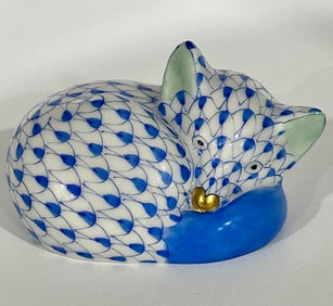 HEREND Hungary Hand Painted Blue Porcelain Sleeping Fox Figurine